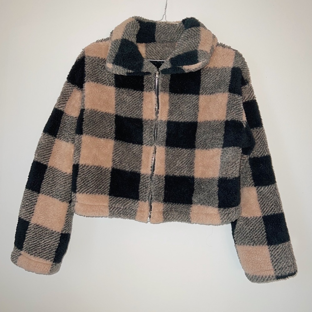 SHEIN PLAD PRINT TEDDY JACKET IN PINK